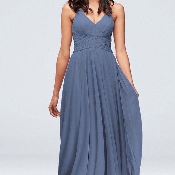 David's Bridal Dresses & Skirts - David’s Bridal Steel Blue Mesh Cut Out Spaghetti Strap Bridesmaid Dress NWT
